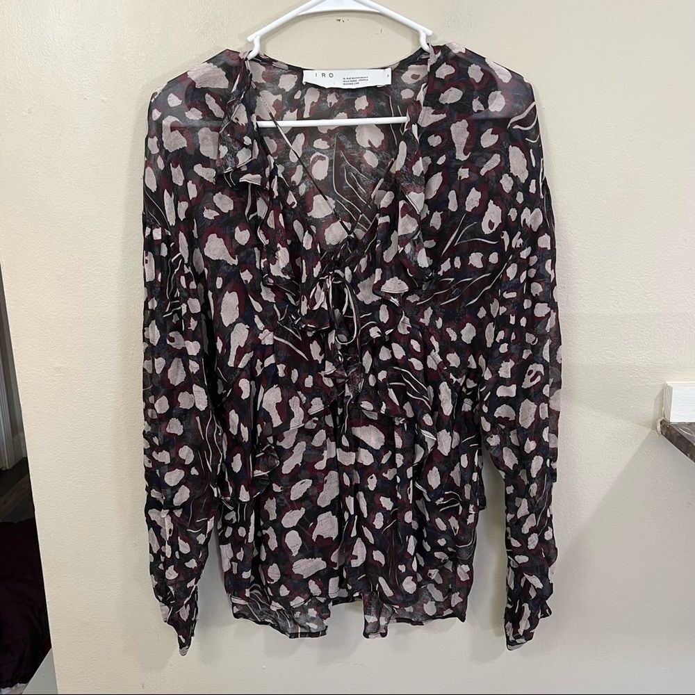 IRO animal print ruffle trim Realize Blouse top v-neck sheer blouse - Picture 3 of 13
